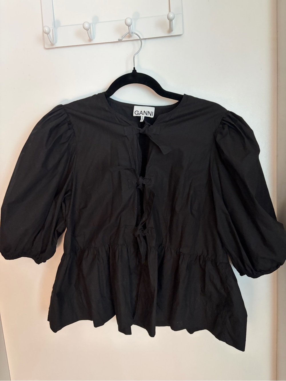 Ganni Black Puff-Sleeve Tie-Front Peplum Blouse
